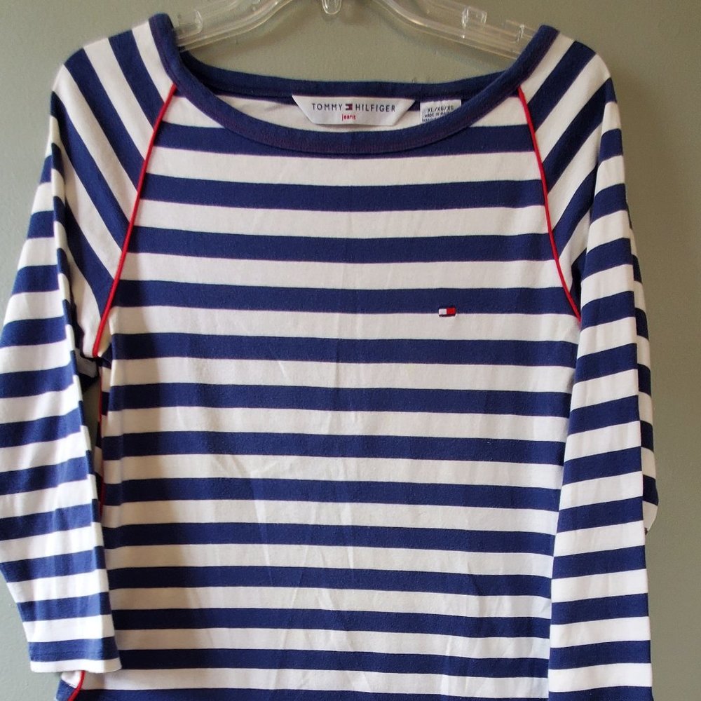 Tommy Hilfiger Navy White Stripe Red Trim Top